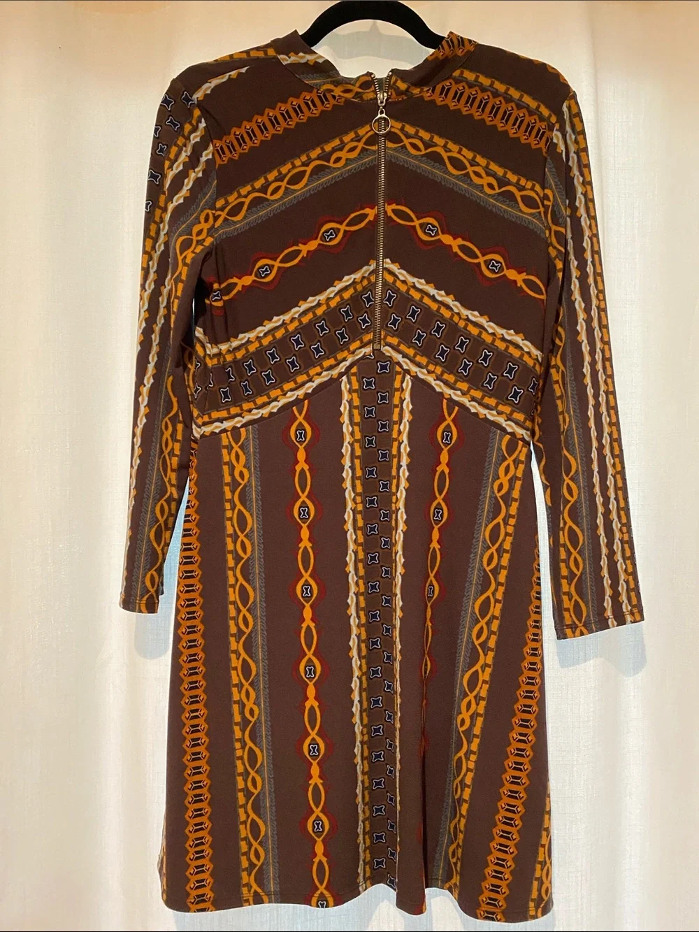 Free People Brown and Orange Patterned Long-Sleeve Dress-EUC.